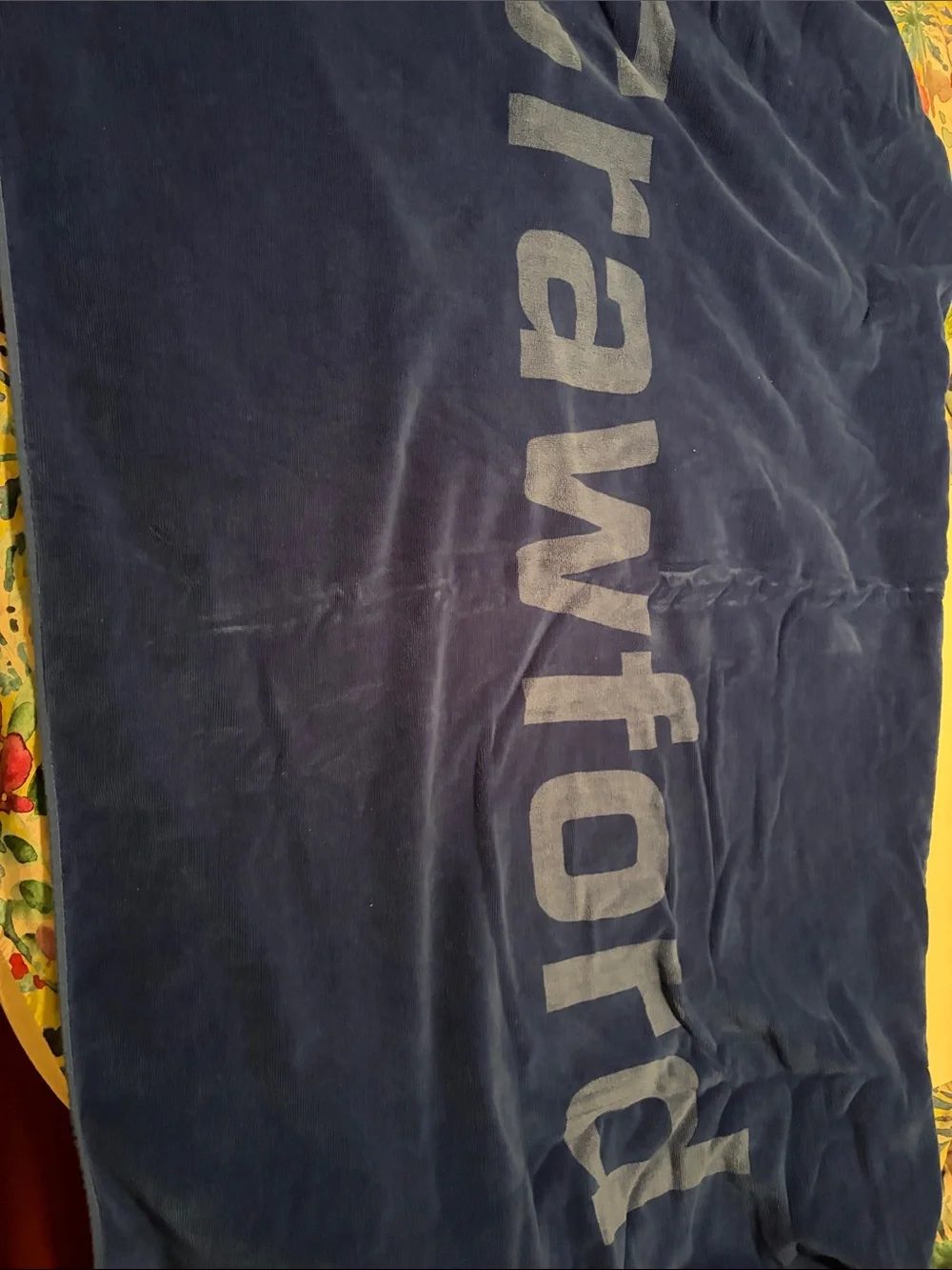 Blue Beach Towel with Vertical “Crawford” Logo